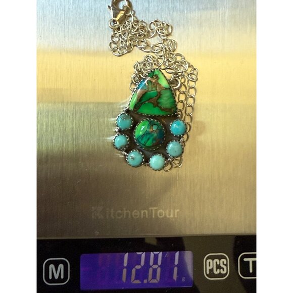 Sterling Silver Necklace Kingman Dahlia Turquoise Pendant - Picture 5 of 7